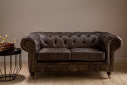 Orsina 2 Seat Grey Leather Sofa-Chesterfield Design Couch With Stud Detail-Velvet Sofa With Rolled Armrests - thumbnail 2