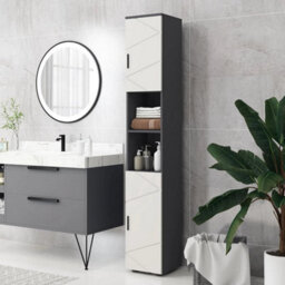 Grey Tall Bathroom Cabinet Slim Storage Cupboard Shelves Narrow - thumbnail 3