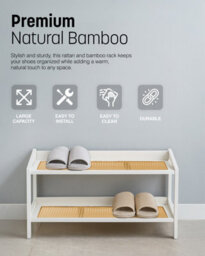 Keplin 2 Tier Bamboo And Rattan Shoe Rack Organiser, Compact Design For Hallway, Stylish And Functional Storage- White And Natural - thumbnail 8