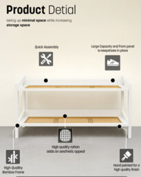 Keplin 2 Tier Bamboo And Rattan Shoe Rack Organiser, Compact Design For Hallway, Stylish And Functional Storage- White And Natural - thumbnail 5
