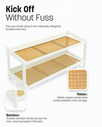 Keplin 2 Tier Bamboo And Rattan Shoe Rack Organiser, Compact Design For Hallway, Stylish And Functional Storage- White And Natural - thumbnail 6