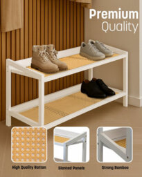 Keplin 2 Tier Bamboo And Rattan Shoe Rack Organiser, Compact Design For Hallway, Stylish And Functional Storage- White And Natural - thumbnail 4