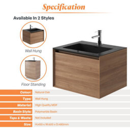 Plum&clay Matterhorn Oak Wall Hung Bathroom Vanity Unit With Black Basin (W)600mm (H)450mm - thumbnail 4