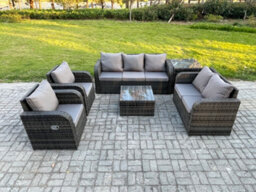 Fimous 7 Seater Garden Furniture Set Rattan Outdoor Lounge Sofa Chair With Tempered Glass Table Side Table - thumbnail 2