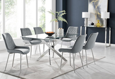 Furniturebox Uk Leonardo Glass And Chrome Metal Dining Table And 6 Grey Pesaro Velvet Silver Leg Chairs - image 1