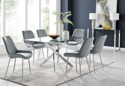 Furniturebox Uk Leonardo Glass And Chrome Metal Dining Table And 6 Grey Pesaro Velvet Silver Leg Chairs - thumbnail 1