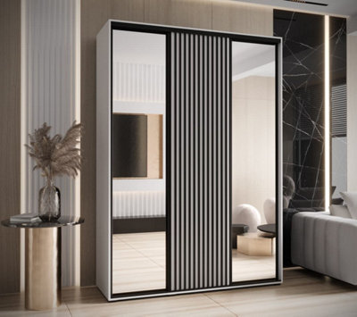 Arte Sapporo Ii White Matt Mirrored Sliding Door Wardrobe - Crisp Finish, Lamella Effect (H)2050mm (W)1700mm (D)600mm - image 1