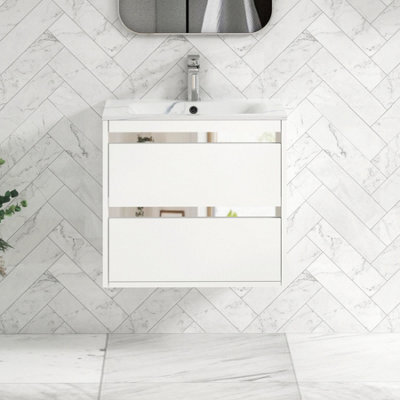 Royal Bathrooms Orion 600mm Matt White 2 Drawer Wall Hung Bathroom Vanity Unit With Carrara White Basin & Chrome Accent Trim - image 1