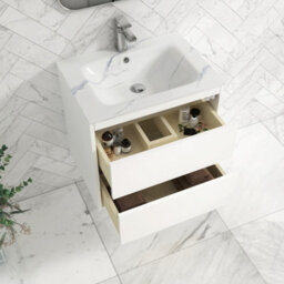 Royal Bathrooms Orion 600mm Matt White 2 Drawer Wall Hung Bathroom Vanity Unit With Carrara White Basin & Chrome Accent Trim - thumbnail 4