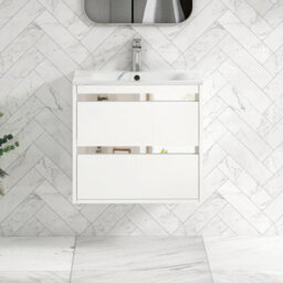 Royal Bathrooms Orion 600mm Matt White 2 Drawer Wall Hung Bathroom Vanity Unit With Carrara White Basin & Chrome Accent Trim - thumbnail 1