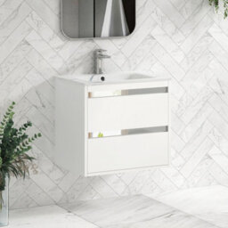 Royal Bathrooms Orion 600mm Matt White 2 Drawer Wall Hung Bathroom Vanity Unit With Carrara White Basin & Chrome Accent Trim - thumbnail 6