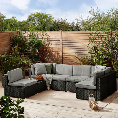 Furniturebox Orlando Black Rattan Garden Sofa Modular Outdoor Patio Couch Seating, Table & 6 Chairs Garden Corner Sofa Set + Cover - image 1
