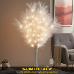 Shatchi  70Cm White Feather Tree Table Lamp Warm White Leds Lighted Pampas Tree - Battery-Operated Decorative - thumbnail 2