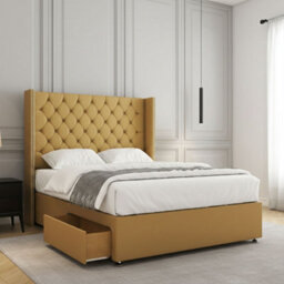 REGIONAL FURNISHINGS Mustard Plush Velvet Divan Bed Set Upholstered 54Inch Headboard 2Drawersfootend & Mattress In Double King 4Ft 6Ft Sizes - thumbnail 1