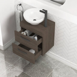 Royal Bathrooms 500mm Wall Hung Vanity Unit 2 Drawer Grey Elm & Breeze Countertop Basin With Matt Black Handle - thumbnail 3