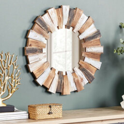 Wyld And Coco Aurora Home Round Wall Mirror 66Cm - Distressed Light Brown Wood Veneer Rustic - thumbnail 2