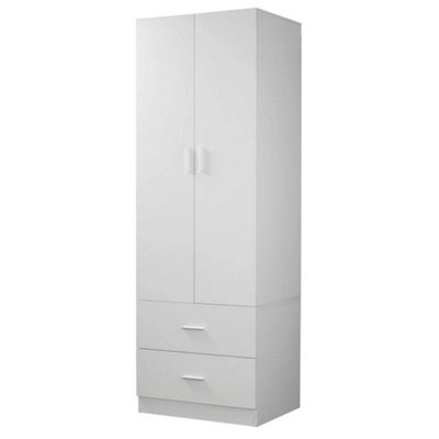 White Wooden 2 Door With 2 Drawer Compact Wardrobe Bedroom Storage Hanging Bar - image 1