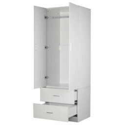 White Wooden 2 Door With 2 Drawer Compact Wardrobe Bedroom Storage Hanging Bar - thumbnail 2