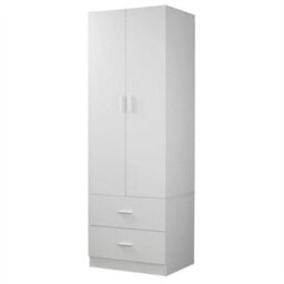 White Wooden 2 Door With 2 Drawer Compact Wardrobe Bedroom Storage Hanging Bar