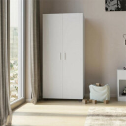 White Wooden 2 Door With 2 Drawer Compact Wardrobe Bedroom Storage Hanging Bar - thumbnail 3