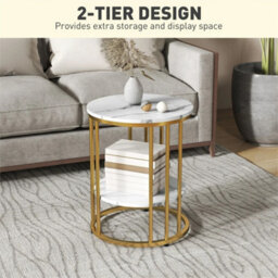 Marble-Effect Round Coffee Table Set Of 2 For Living Room, Gold Tone - thumbnail 4