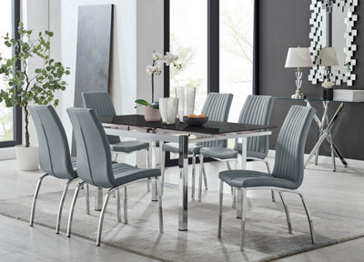Furniturebox Uk Enna Black Glass Extending Dining Table And 6 Grey Isco Chairs - image 1