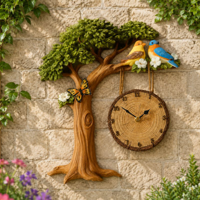 Outdoor Garden Wall Clock, Weather Resistant Indoor Outdoor Clock, Decorative Tree Design With Birds & Butterflies, Hand Painted - image 1