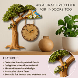 Outdoor Garden Wall Clock, Weather Resistant Indoor Outdoor Clock, Decorative Tree Design With Birds & Butterflies, Hand Painted - thumbnail 3