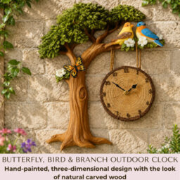 Outdoor Garden Wall Clock, Weather Resistant Indoor Outdoor Clock, Decorative Tree Design With Birds & Butterflies, Hand Painted - thumbnail 2