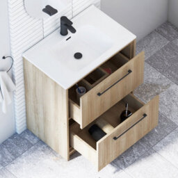 Royal Bathrooms Livora 700mm Natural Oak Floor Standing Bathroom Vanity Unit 2 Drawer With Ceramic Basin & Matt Black Handle - thumbnail 4