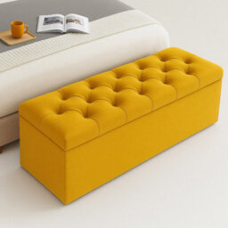 120Cm Chesterfield Ottoman Storage Box, Mustard Gold Plush Velvet Upholstered Blanket Box, End Of Bed Bench, Deep Storage Chest - thumbnail 1
