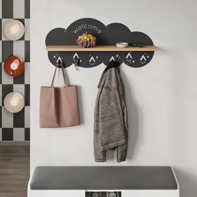 Decortie Cloudy Wall-Mounted Metal Hanger Oak Shelf With 6 Metal Hooks Welcome Cloud Shape Functional Storage Hanger Entryway - image 1