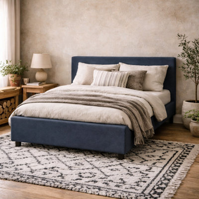 Wyld Haus Portarlington Upholstered Navy Blue Twill 4Ft6 Double Size Bed With Headboard - image 1