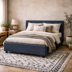 Wyld Haus Portarlington Upholstered Navy Blue Twill 4Ft6 Double Size Bed With Headboard - thumbnail 1