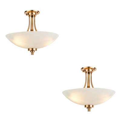 Loops Elegant Brushed Aged Brass Semi Flush Ceiling Light - Set Of 2 With White Glass Shades - image 1