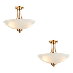 Loops Elegant Brushed Aged Brass Semi Flush Ceiling Light - Set Of 2 With White Glass Shades