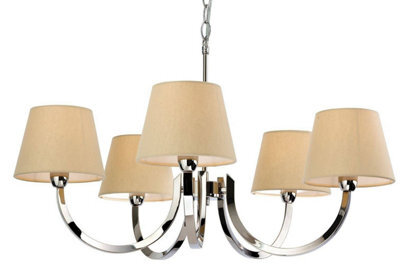 Luminosa Lighting Luminosa Fairmont 5 Light Multi Arm Chandelier Polished Stainless Steel, Cream Linen Shade, E14