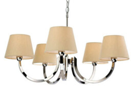 Luminosa Lighting Luminosa Fairmont 5 Light Multi Arm Chandelier Polished Stainless Steel, Cream Linen Shade, E14