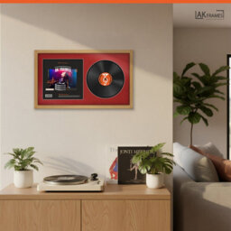 "30X17"" Oak Sleek Vinyl Record Frame With Crimson Mount For 12 Inch Lp Album Cover & Disc - Ak Frames" - thumbnail 5