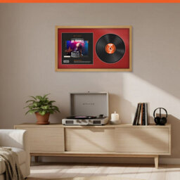 "30X17"" Oak Sleek Vinyl Record Frame With Crimson Mount For 12 Inch Lp Album Cover & Disc - Ak Frames" - thumbnail 8