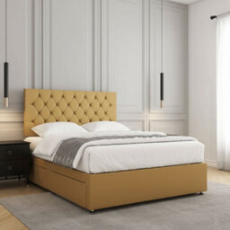 REGIONAL FURNISHINGS Mustard Plush Velvet Divan Bed Set Upholstered With 24Inch Headboard 2Drawersfootend & Mattress In 4Ft 4Ft6 5Ft 6Ft Sizes - thumbnail 3