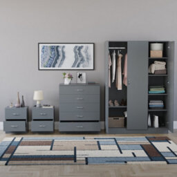 Lassic Vida Designs Riano 4 Piece Bedroom Set (2 Drawer Bedside Chest, 5 Drawer Chest, 3 Door Wardrobe), Grey - thumbnail 2