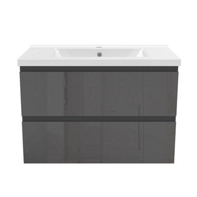 Sline 800mm Wall-Hung Gloss Anthracite Bathroom Vanity Unit With Integrated Sink,2 Soft-Close Drawers For Storage - image 1