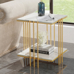 Fativo 44.5Cm W Side End Table Sintered Stone Marble Table For Artworks Bonsai Nightstand Furniture, Gold - thumbnail 1
