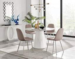 Furniturebox Palma White Marble Effect Round 4-6 Seater Pedestal Dining Table & 4 Cappuccino Corona Faux Leather Silver Leg Chairs