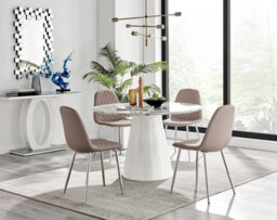 Furniturebox Palma White Marble Effect Round 4-6 Seater Pedestal Dining Table & 4 Cappuccino Corona Faux Leather Silver Leg Chairs - thumbnail 5