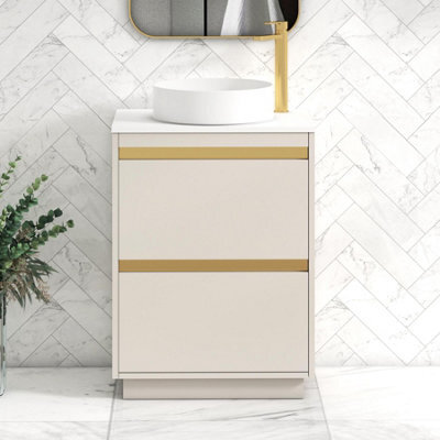Royal Bathrooms Orion 600mm Warm Taupe Floor Standing Vanity Unit 2 Drawer With Plain White Undrilled Worktop & Brushed Brass Accent Trim - image 1