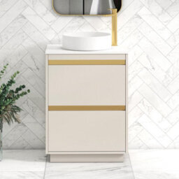 Royal Bathrooms Orion 600mm Warm Taupe Floor Standing Vanity Unit 2 Drawer With Plain White Undrilled Worktop & Brushed Brass Accent Trim