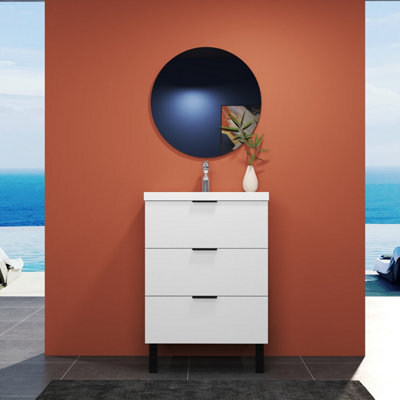 Sline 600mm Wall Mounted Matte White Bathroom Vanity Unit With Artificial Stone Basin,3 Soft Close Drawers For Storage,flat Packed - image 1