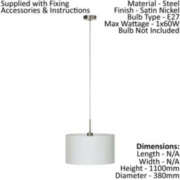 Elegant Satin Nickel Pendant Ceiling Light With White Fabric Shade - E27 Bulb Compatible - thumbnail 2